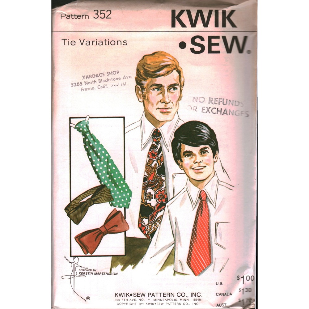 Vintage Kwik Sew 352 Tie Variations Sewing Pattern Mens Boys Bow Tie Clip-On